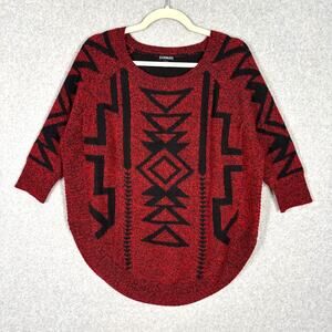 Express Sweater Women XS Red Black Wool Mohair Aztec Southwestern Tribal Slouchy